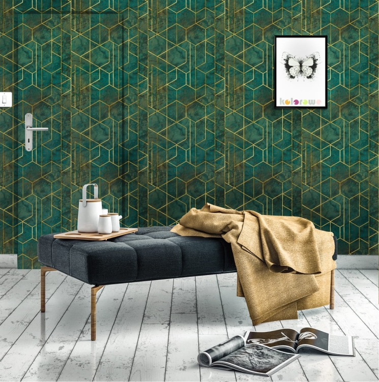 tapeta WL2501 złota geometria butelkowa zieleń