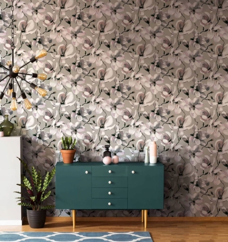 Tapeta 47466 Różowa Magnolia na szarym tle