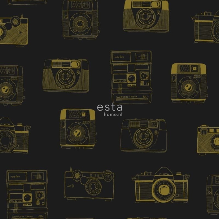 FAB 128825 tapety ścienne polaroid cameras black en shiny gold