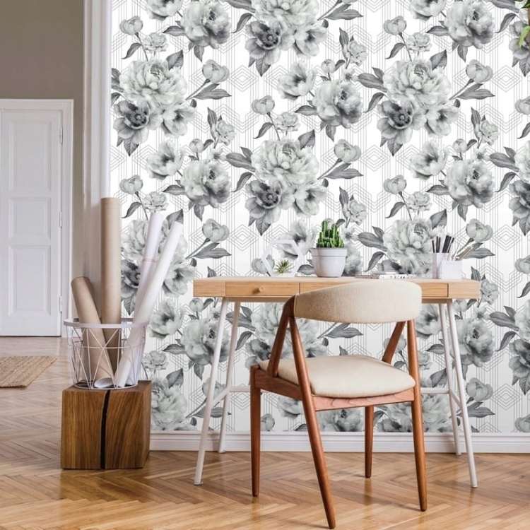 Tapeta A58509 czarno-biała Kwiaty z Geometrią