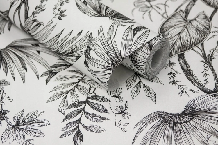 tapeta 6818-10 biało-czarna kompozycja RETRO LIŚCIE kwiaty
