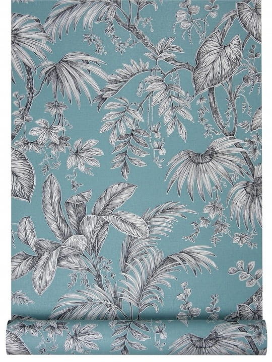 tapeta 6818-40 błękitna kompozycja RETRO w LIŚCIE i kwiaty