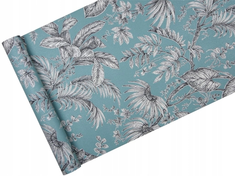 tapeta 6818-40 błękitna kompozycja RETRO w LIŚCIE i kwiaty