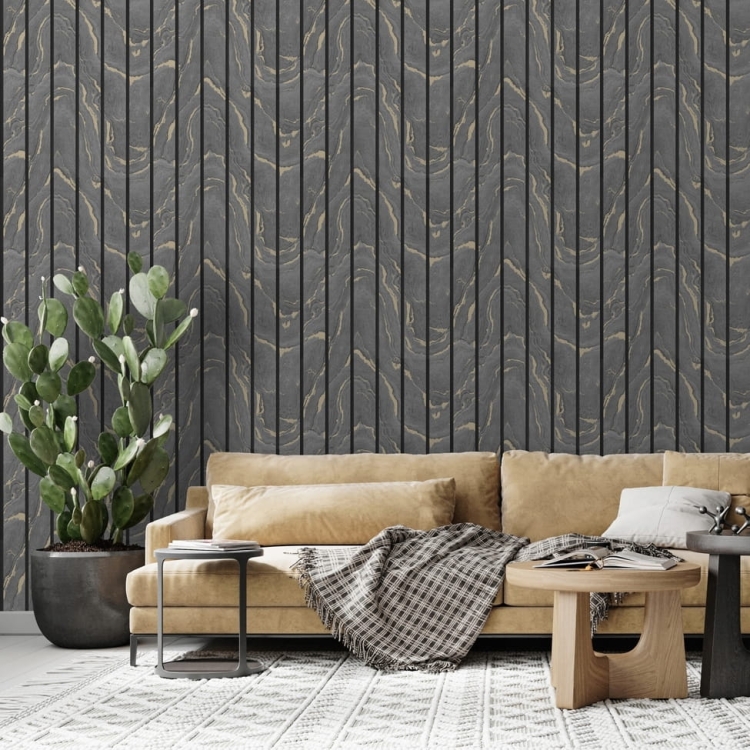 tapeta 193503 w PIONOWE PANELE lamele szary i złoty