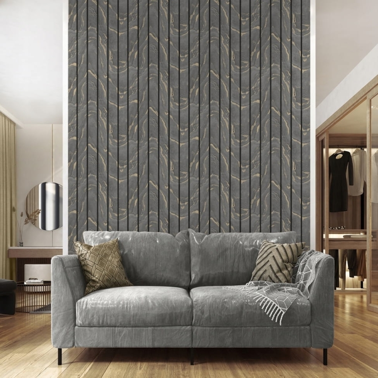 tapeta 193503 w PIONOWE PANELE lamele szary i złoty
