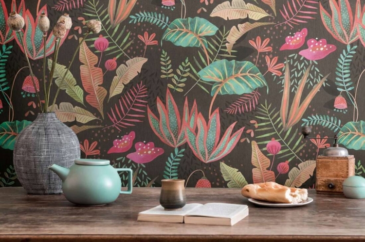 TAPETA 39348-1 WZÓR ROŚLINNY w LIŚCIE i KWIATY na Flizelinie styl Boho