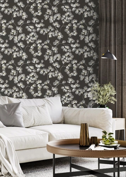 Tapeta 866926 Czarna - Orientalny wzór w Gałązki Sosnowe