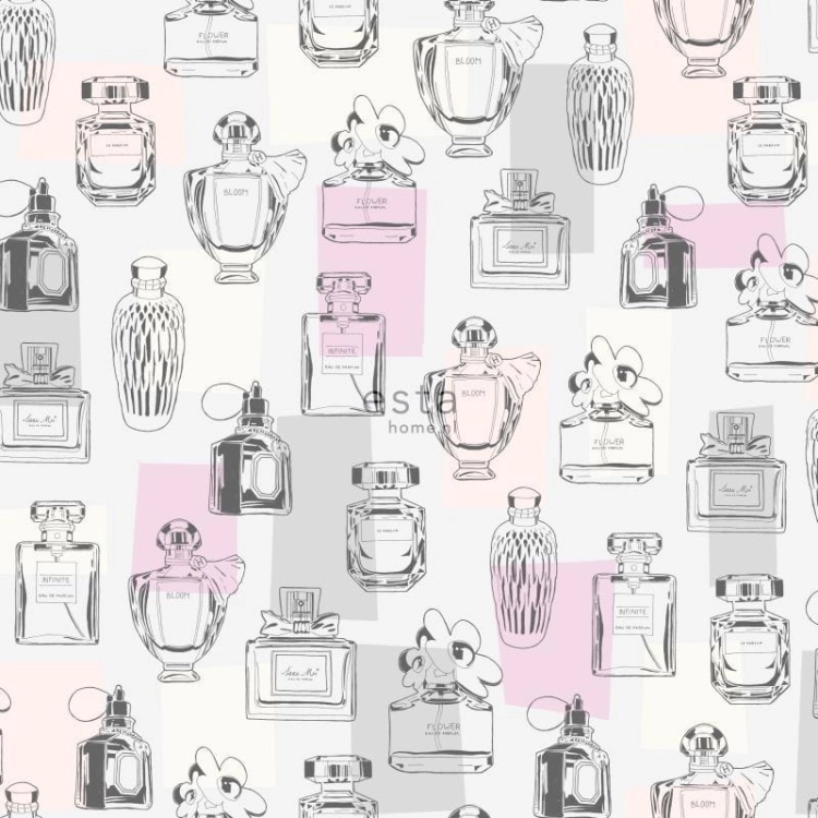 FAB 138856 tapety ścienne perfume bottles lilac purple, light peach pink, grey and white
