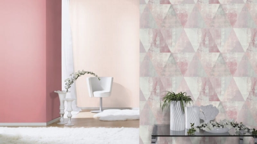 tapeta 410938 w duże, różowe i szare trójkąty
